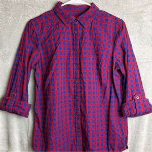 Talbots Medium Roll Tab Sleeve Gingham Plaid Check Blue & Red Cottagecore Spring
